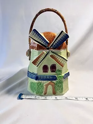 Dermay Stamped Windmill Cottage Ceramic Jar  With Lid And Rattan Handle Vintage • $25