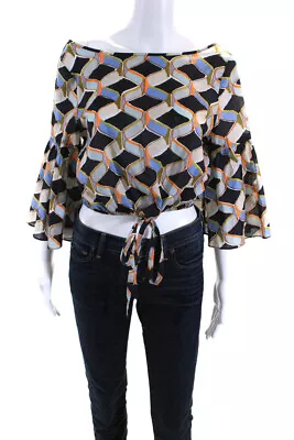 Milly Womens Bell Sleeve Geometric Crop Top Blouse Black Blue Orange Size Medium • $42.69