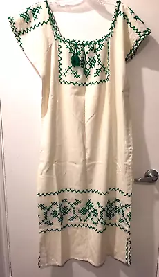 Vintage 90's Mexican Handmade Peasant DRESS Embroidered Muslin White Green L • $28