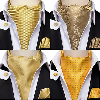 Silk Mens Cravat Scarf Set Vintage Black Gold Floral Ascot Neck Tie Wedding • $12.99