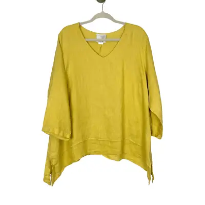 LA FixSun Yellow Linen Tunic Lagenlook Relaxed Oversized Medium V Neck Top • $28.80