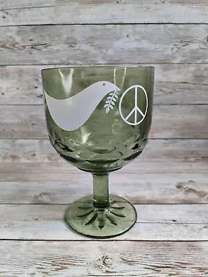 Vintage Avocado Green Goblet Large Peace Love Dove Hippy Glass  • $26