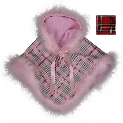 Babies Baby Girls Tartan Poncho Fur Trim Hooded Bow Tassel Cape Wrap Newborn S-L • £26.69