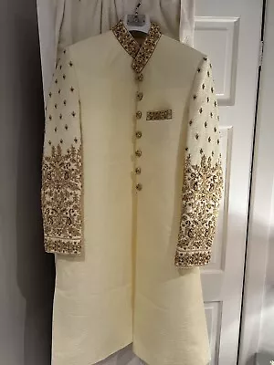 Mens Wedding Nikkah Sherwani Large Indian Pakistani Gold Cream Brand New • £200