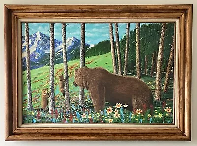 California Bear Cub Woods Wildlife Flower Animal Landscape Contemporary Painting • $450