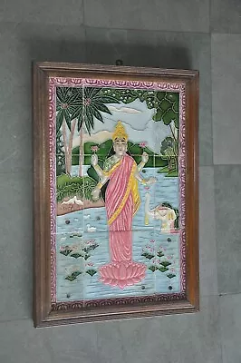 9 Pc Vintage Framed Goddess Laxmi Embossed Picture Colorful Ceramic Tiles Japan • $848.61