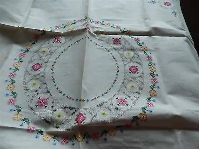 Vintage Brode Main Embroidered Cross Stitch Linen Tablecloth W/Napkins 32  NIB • $26.99