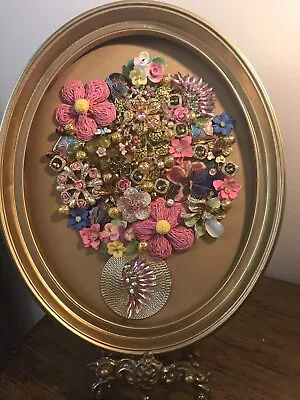 Vintage Jewelry Art Floral Collage Framed • $58