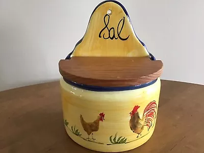 Vintage Ceramic Salt Box With Hen Rooster French Country Wooden Lid • $49