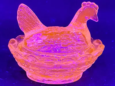 Blue Vaseline Uranium Glass Hen Chicken On Nest Basket Easter Egg Magnesium Glow • $40