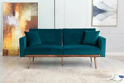 Velvet Sofa Accent Sofa Loveseat Sofa With Rose Gold Metal Feet And Teal Velvet • $543.39