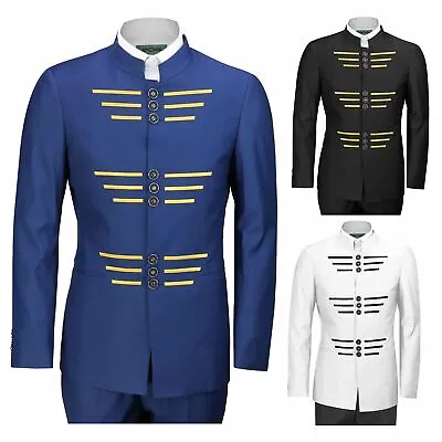 Mens Nehru Jacket Chinese Collar Grandad 2 Piece Suit Slim Fit Gold Embroidery • £59.99