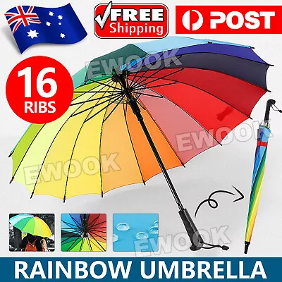 16 Ribs Large Rainbow Umbrella Fashion Straight Long Handle Anti UV Sun Rain • $14.85