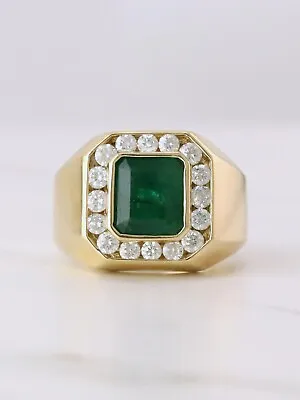 3.48 Cts Natural Emerald And Diamond Men's Ring 14k Yellow Gold • $1477.49