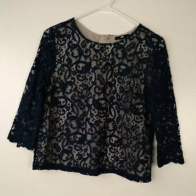 H&M Top Womens Small Navy Lace Layer Blouse 3/4 Sleeve Workwear • $12.59