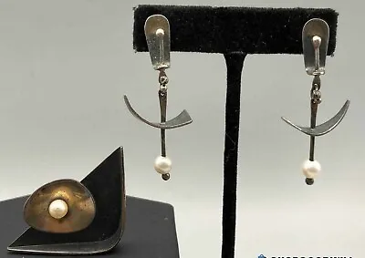 Ed Wiener Pearl Sterling Silver Abstract Modernist Earrings And Brooch 1950s • $1200