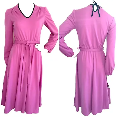 Vintage 70s Knit Dress Midi Fit Flare Long Sleeve Belt Keyhole USA Pink S EUC • $29.95