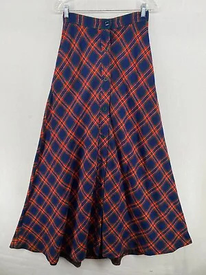 JUNIOR MATES Skirt 11 Wool Twill Maxi Button Front Plaid A-Line Tartan Blue • $47.99