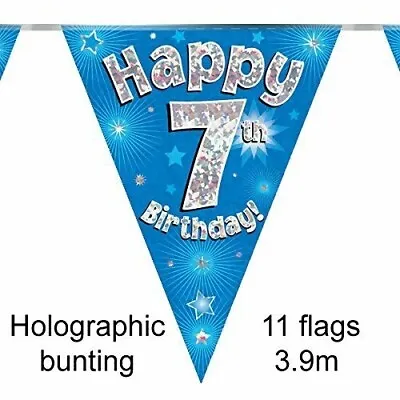 Happy 7th Birthday Holographic Triangular Party Foil Banner Bunting - 7 Blue • £2.25