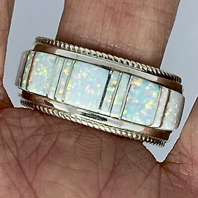 Navajo Inlay White Opal Wedding Band Sz 14 Mens Ring 12mm Signed Panteah • $164.94