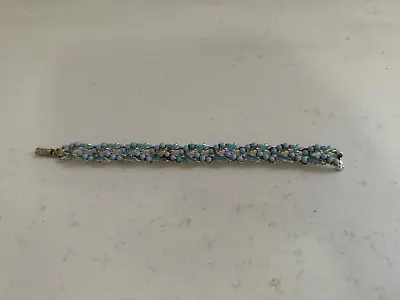 Vintage Coro Signed Baby Blue Enamel Leaf & Beaded Design Bracelet • $35