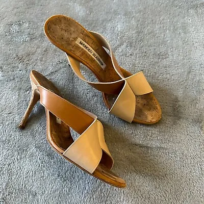Manolo Blahnik Dalema Cork Leather X-Cross Heel Slide Shoes 36.5 6.5 • $95.82