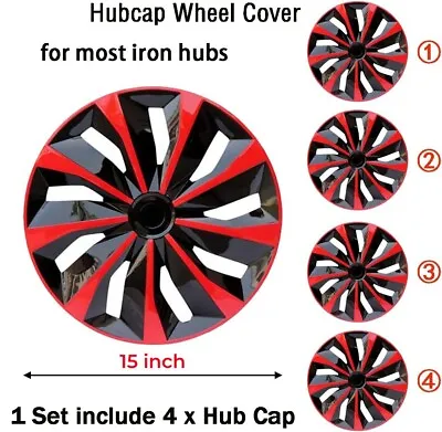 $45.86 • Buy 15  Red Black Set Of 4 Wheel Covers Snap On Hub Caps Fit R15 Tire & Plastic Rim