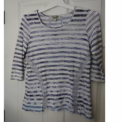 One World Size Petite Large PL Blue & White Striped 3/4 Sleeve Lace Trim T-Shirt • $18