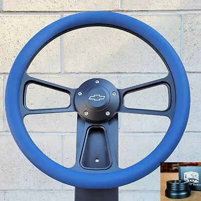 14  Black Billet Steering Wheel Blue Vinyl 1974-94 C10 Chevy Pickup Horn+Adapter • $191.49