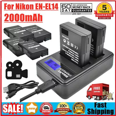 2000mAh EN-EL14 Battery & LCD Dual Charger For Nikon D3400 D5100 Coolpix P7000 • $26.99