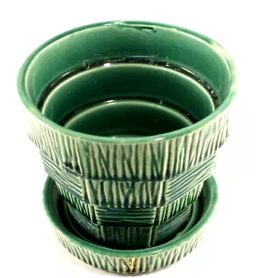 Vintage McCoy Green Flower Planter Pot Block Basket Weave V. NICE 4  Tall • $24