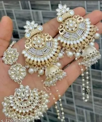 Indian Maang Tikka Earrings Gold Tone Kundan Bollywood Wedding Women Jewelry Set • $17.09