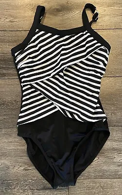 NWOT Miraclesuit Bathing Suit Swim One Piece Black White Stripe Size 8 New • £36.33