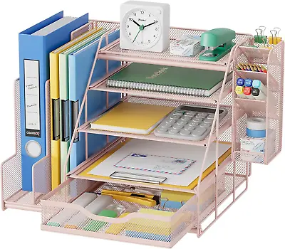 Pink Desk Organizer And Accessories Storage With 5-Tier Paper Letter Tray Mesh  • £44.65