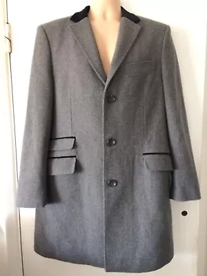 Mens Vintage Style Grey Wool 3/4 Length Velvet Collar Over Coat 42 • £45