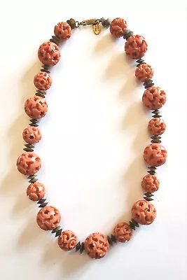 Rare! Vintage Signed Miriam Haskell Large Glass Coral Beads Necklace  • $139