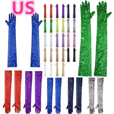 US Women's Sequin Long Opera Gloves Flapper Stretchy Elbow Length  Shiny Gloves • $4.18