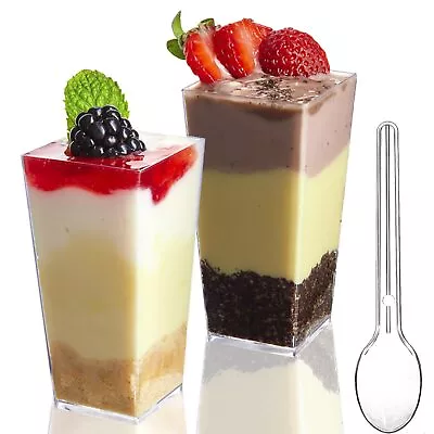 50 Pack 3 Oz Mini Dessert Cups With Spoons Square Tall Clear Plastic Dessert... • $19.68