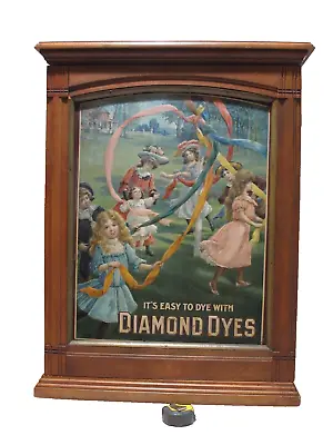 Antique Diamond Dyes Cabinet Wood & Tin Litho Of Children May Pole & Mother • $1200
