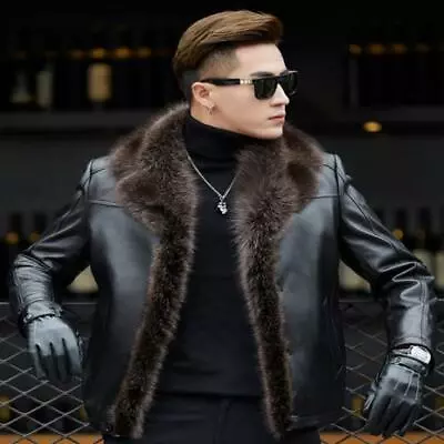 Men Raccoon Fur Collar Real Sheepskin Leather Jacket Leather Fleece Lined Coat • $322.13