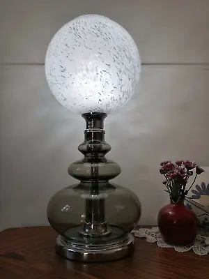 Vintage Globe Table Lamp In Chrome Steel & Smoked Murano Glass Italy 70s Mazzega • $315