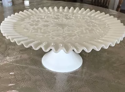 Vintage Fenton Spanish Lace Ruffle Crimped Pedestal Milk Glass Cake Plate Stand! • $39.99