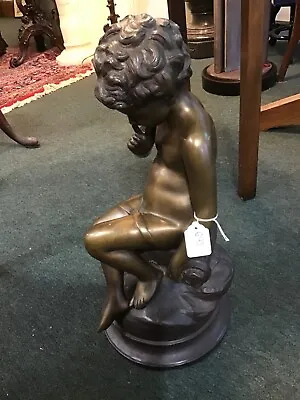 VTG ATQ Auguste Moreau Signed Bronze Sitting Boy Pondering Pose Sculpture 18.5  • $595.99
