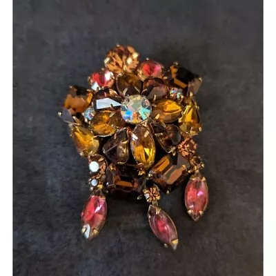Vintage Brooch KRAMER 1960s Amber & Aurora Borealis Crystal Goldtone Jewellery • $39.99