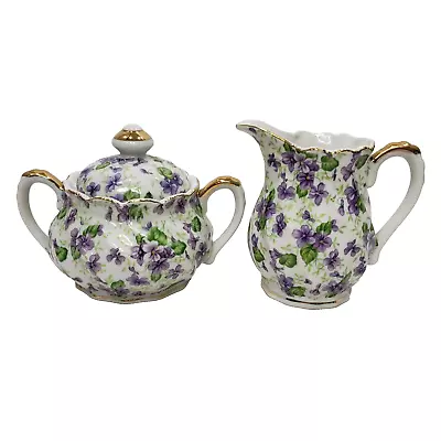 Lefton Creamer And Sugar Set 912V Violet Chintz Purple Flowers Gold Gilt Ceramic • $29.95