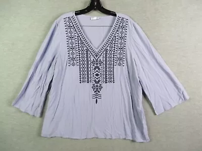 J Jill Womens Blouse Large Purple Embroidered 3/4 Sleeve Tribal Peasant Boho • $19.99