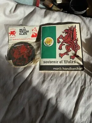 £5 • Buy Vintage Souvenir Of Wales: One Man's Handkerchief & Real Welsh Slate Coaster?