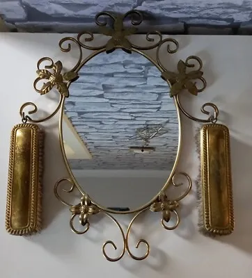 VINTAGE ORNATE FLORAL BRASS Wall Hall Mirror With Hook & 2 Brush Size: 44 X 34cm • £44.99