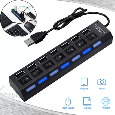 US 7 Port USB 2.0 Hub LED Powered High Speed Splitter Extender Multi Adapter • $6.53