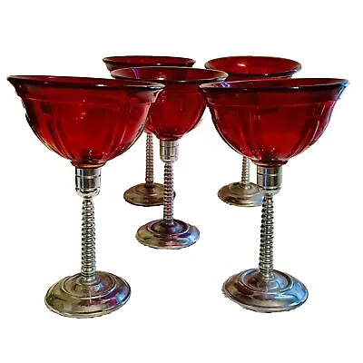 Set 5 Art Deco Farberware Chromecraft Ruby Red Goblet Cocktail Glass Chrome Stem • $49